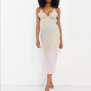 pastel formal midi dress with delicate lace inserts